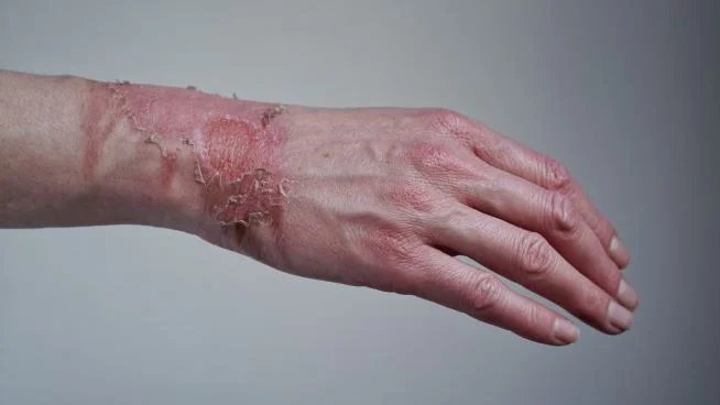 Nahaufnahme der Hand einer Frau mit einer geplatzten Blase von einer Verbrennung durch abgekochtes Wasser. Die Haut schält sich 