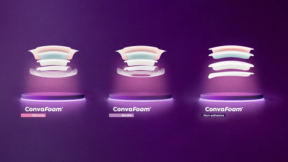Grafische Darstellung der Verbandsschichten der 3 Schaumverbände ConvaFoam Silicone, ConvaFoam nicht-adhäsiv und ConvaFoam Border. 