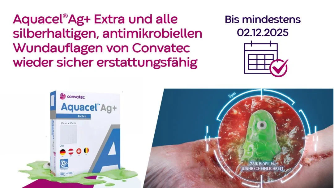 Auf dem Bild sieht man ein Biofilm Monster in einer chronischen Wunde. Daneben ist die Verpackung des Wundverbandes Aquacel Ag+ Extra abgebildet. In der Überschrift steht der Hinweis, dass Aquacel Ag+ Extra und alle weiteren silberhaltigen Produkte von Convatec bis mindestens 02.12.2025 erstattungsfähig sind.